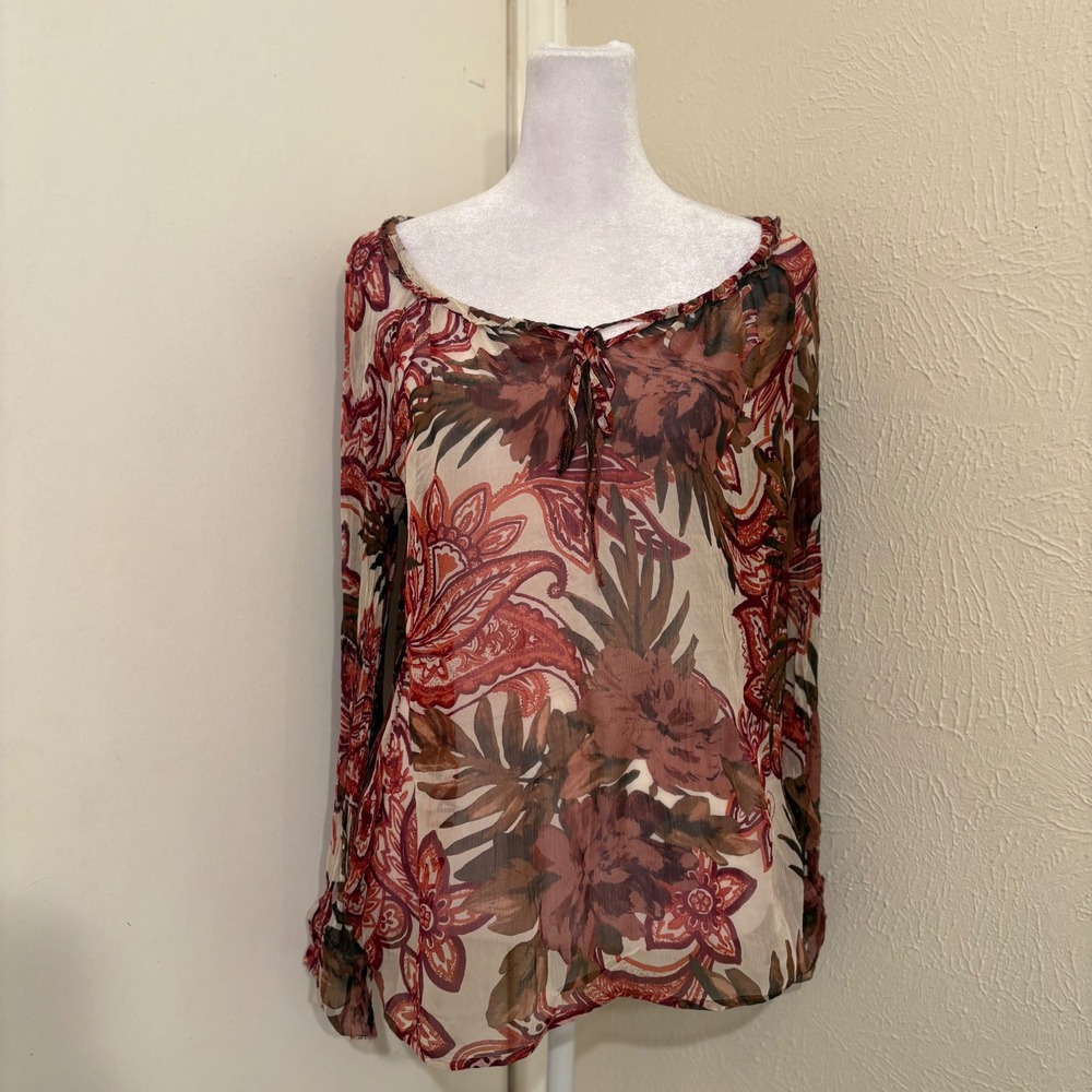 Red Brown Floral Paisley Sheer Rayon Chiffon Boho Peasant Blouse Whimsigoth Sz M